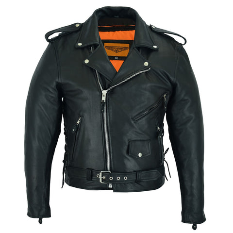 Mens Classic Police Style Motorcycle Jacket With Side Laces Silver Hardware