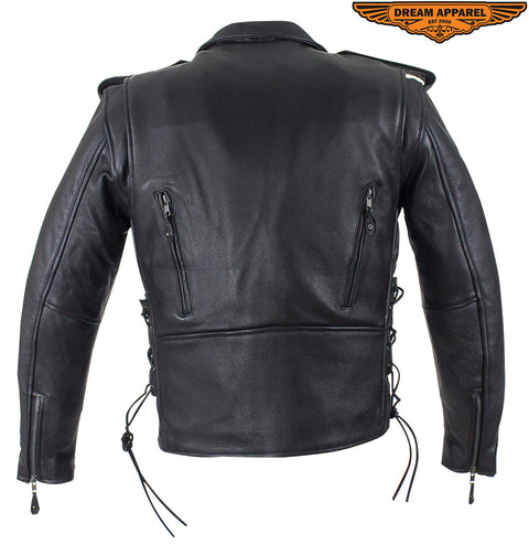 Mens Classic Police Style Motorcycle Jacket With Side Laces, Conceal Carry Gun Pockets Zipout Lining