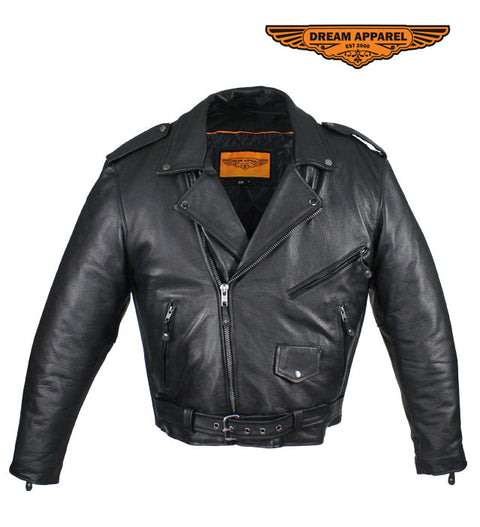 Mens Naked Cowhide Leather Motorcycle Jacket With Snap Down Collar & Belt