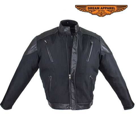 Men's Black Racer Style Textile Jacket W/ Leather Patches