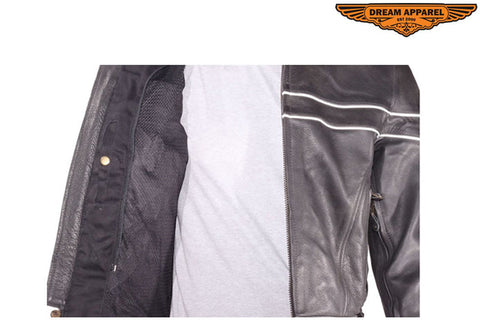 Mens Leather Racer Motorcycle Jacket With Reflective Piping