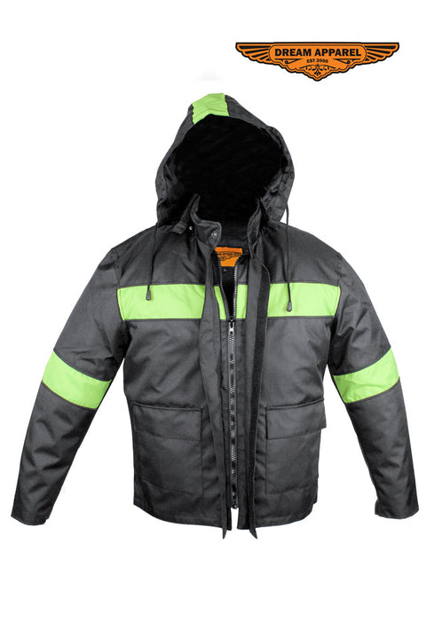 Men's Textile Racer Jacket W/ Hood - Black/Fluorescent