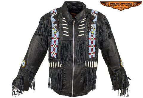 Men’s Western Style Leather Motorcycle Jacket with Beads & Bone