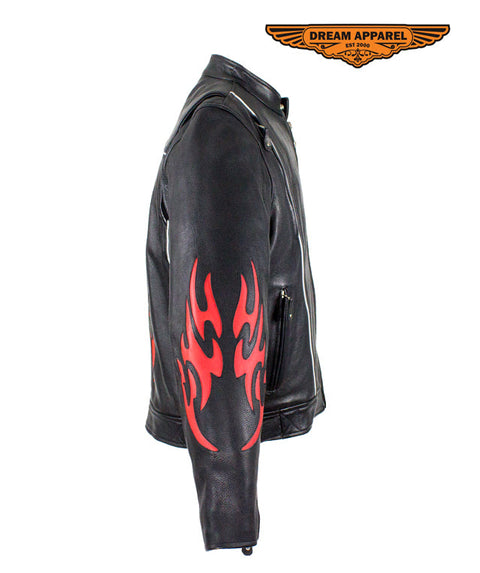 Mens Leather Motorcycle Racer Jacket With Flames