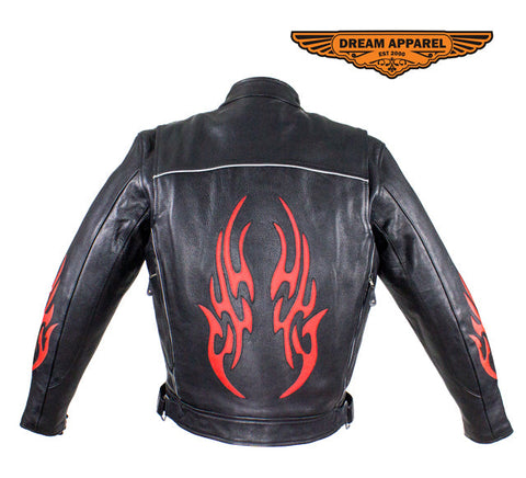 Mens Leather Motorcycle Racer Jacket With Flames