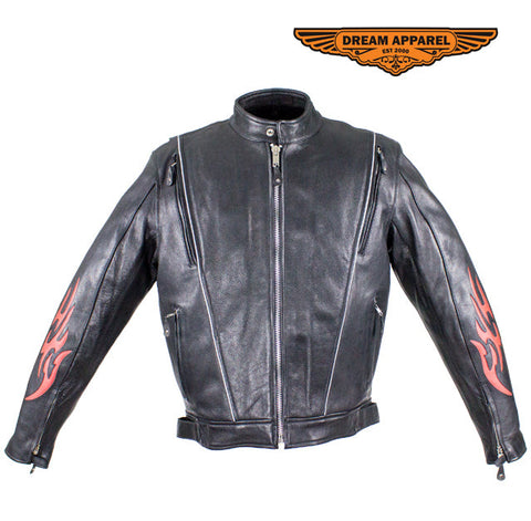 Mens Leather Motorcycle Racer Jacket With Flames