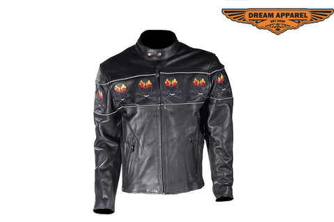 Mens Black Racer Leather Motorcycle Jacket With Flaming Reflective Skulls