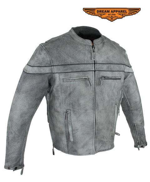 Mens Gray Naked Cowhide Leather Motorcycle Jacket With Zipper On Front