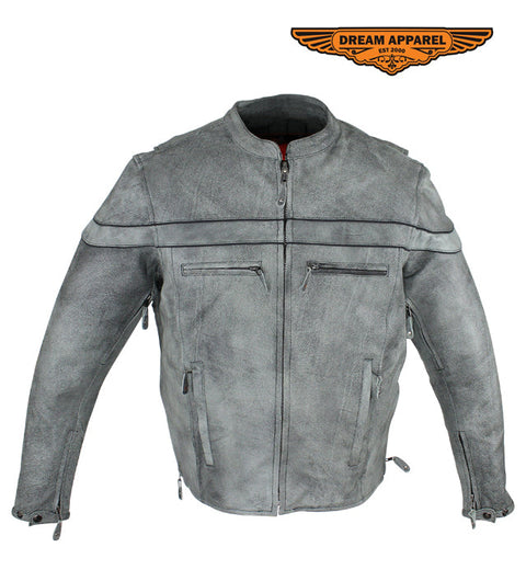 Mens Gray Naked Cowhide Leather Motorcycle Jacket With Zipper On Front