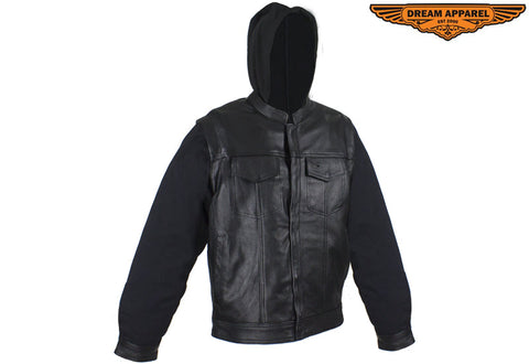 Black Leather Jacket with Removable Canvas Sleeves & Hoodie