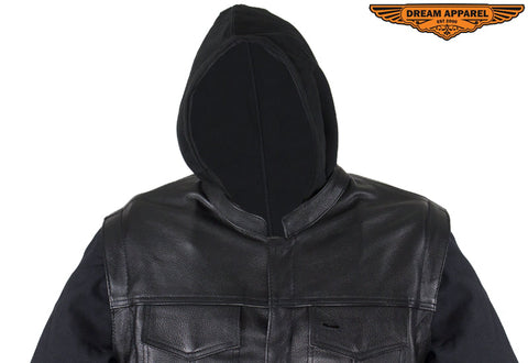 Black Leather Jacket with Removable Canvas Sleeves & Hoodie