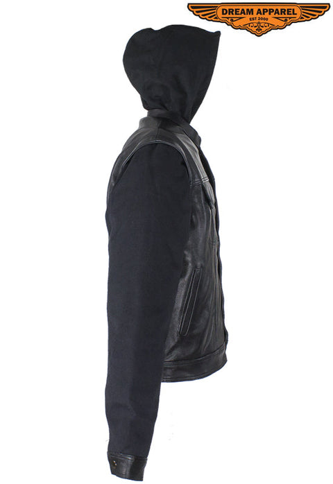 Black Leather Jacket with Removable Canvas Sleeves & Hoodie