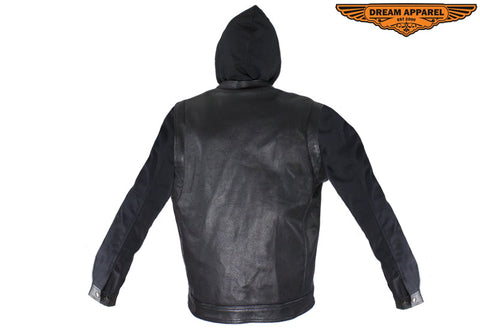 Black Leather Jacket with Removable Canvas Sleeves & Hoodie