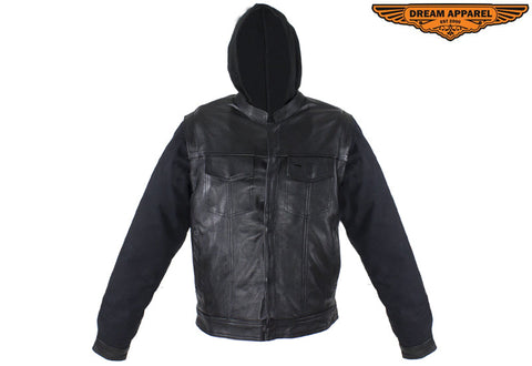 Black Leather Jacket with Removable Canvas Sleeves & Hoodie