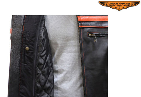 Mens Leather Jacket With Orange Stripes