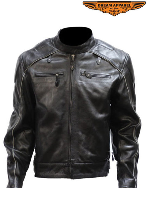 Mens Leather Jacket With Racer Collar