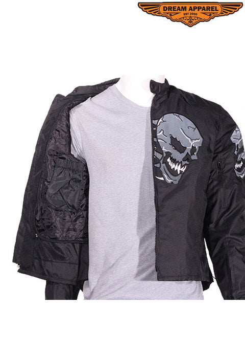 Mens Textile Racer Jacket With Reflective Skulls