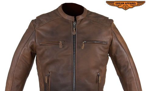 Men's Brown Naked Cowhide Leather Diamond Jacket