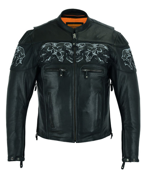 Men's Leather Concealed Carry Racing Jacket with Reflective Skulls