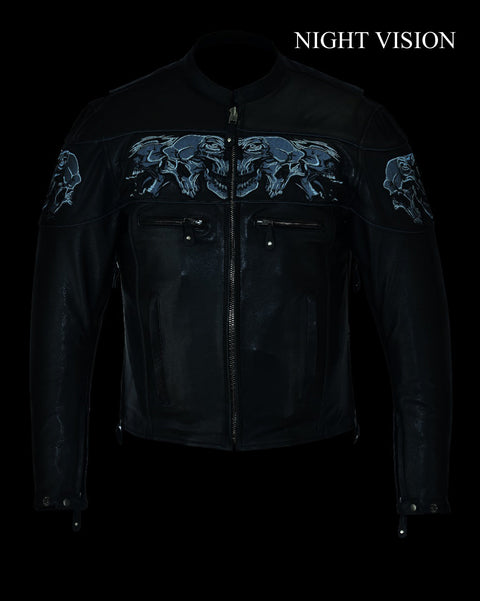 Men's Leather Concealed Carry Racing Jacket with Reflective Skulls