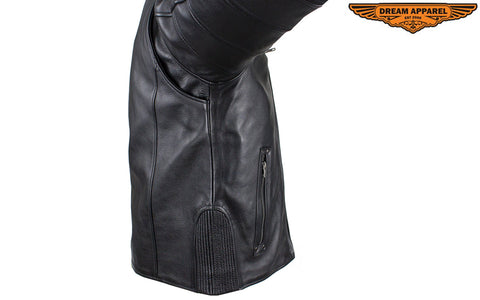 Black Pleated Leather Jacket with Concealed Carry Pockets