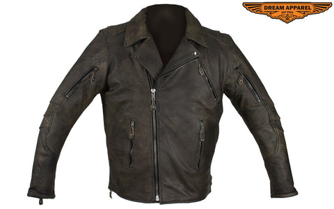 Distressed Brown Racer Jacket with Extra-Large Gun Pockets