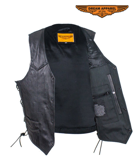 Mens Leather Motorcycle Vest With Huge Gun Pocket