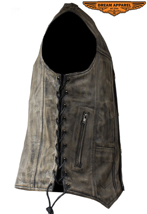 Mens Distressed Brown Motorcycle Vest With 10 Pockets Side Laces