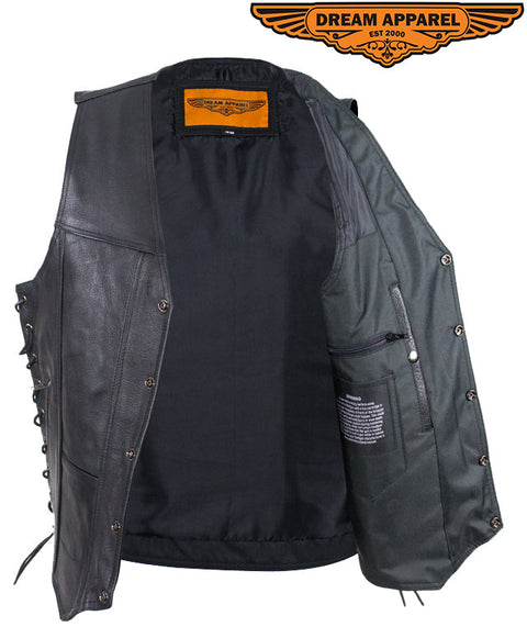 Mens Ten Pockets Premium Leather Vest with Concealed Carry Pockets & Side Laces