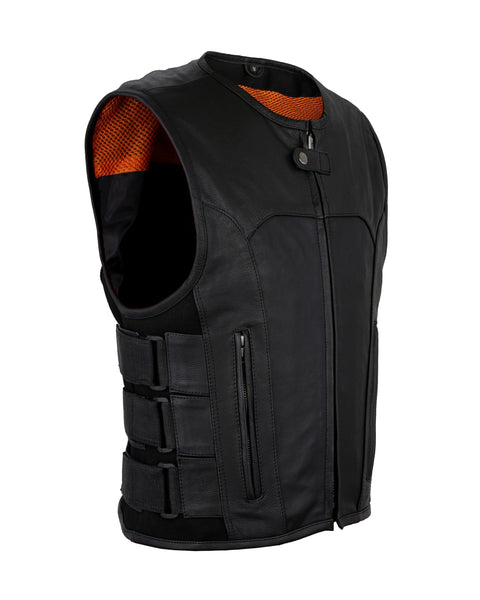 Men's Black Bullet Proof Style Leather Vest with Straps on Side