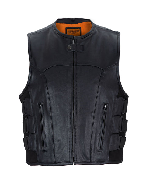 Men's Black Bullet Proof Style Leather Vest with Straps on Side