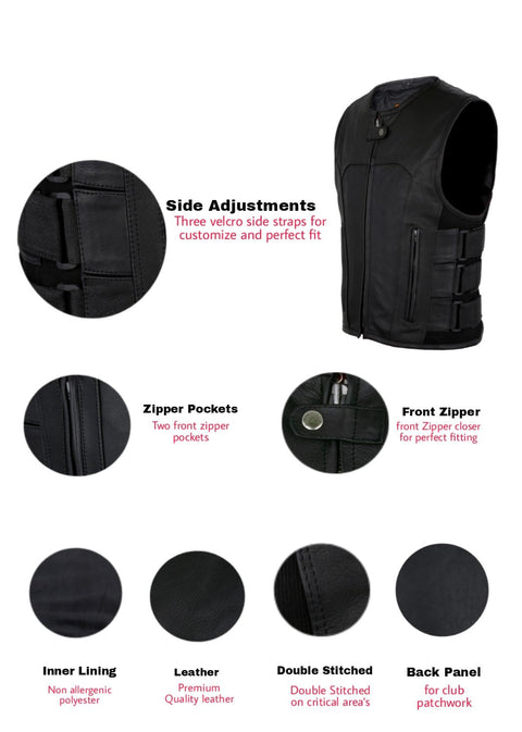 Men's Black Bullet Proof Style Leather Vest with Straps on Side