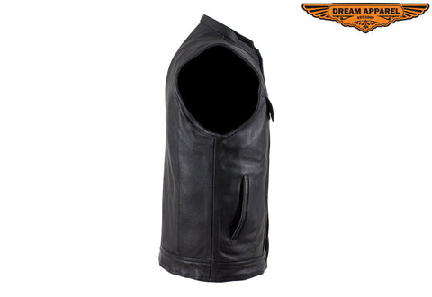 Mens Motorcycle Leather Club Vest With Red Liner