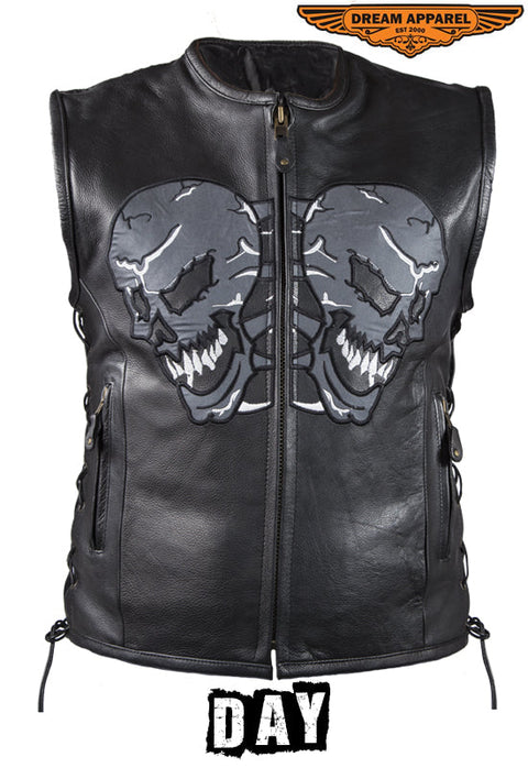 Mens Leather Vest With Reflective Evil Skulls