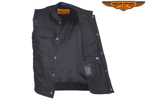 Mens Black Denim Motorcycle Club Vest With Black Liner ,Concealed Carry Gun Pockets