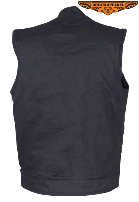 Mens Black Denim Motorcycle Club Vest With Black Liner ,Concealed Carry Gun Pockets