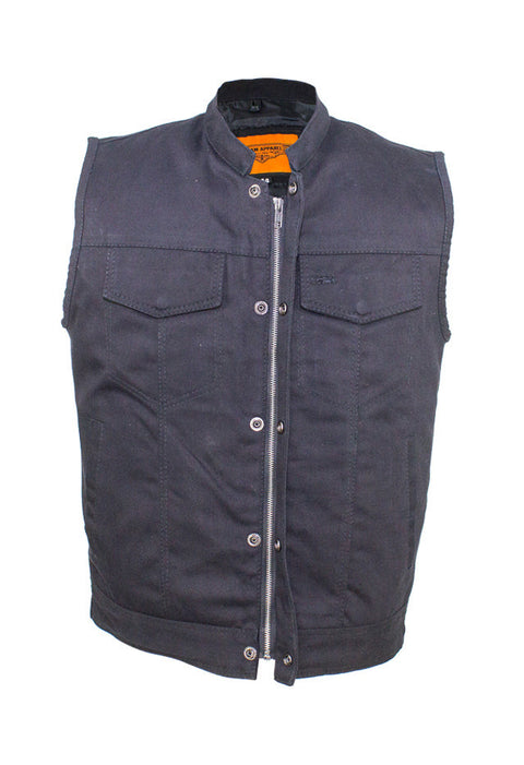 Mens Black Denim Motorcycle CLUB VEST® with Zipper & Button Snap Front Closure, Gun Pockets