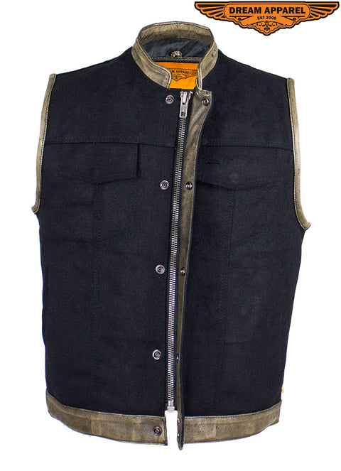 Black Canvas Motorcycle Vest with Distressed Brown Leather Trim