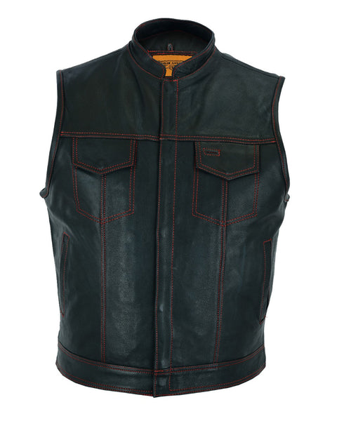 Men's Black Premium Naked Cowhide Leather CLUB VEST with Red Stitching