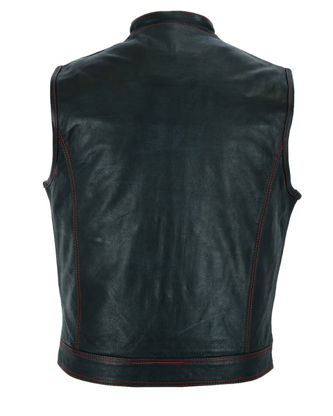 Men's Black Premium Naked Cowhide Leather CLUB VEST with Red Stitching