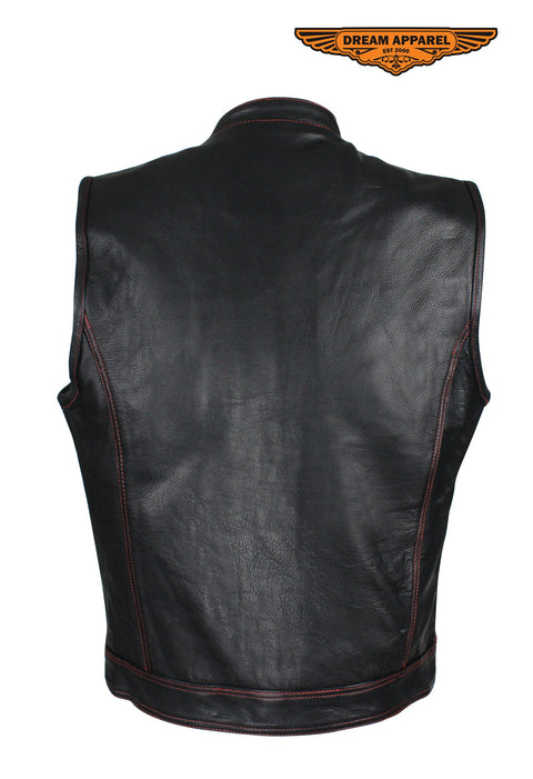 Men's Black Premium Naked Cowhide Leather CLUB VEST with Red Stitching