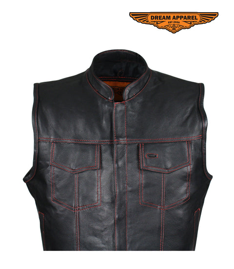 Men's Black Premium Naked Cowhide Leather CLUB VEST with Red Stitching