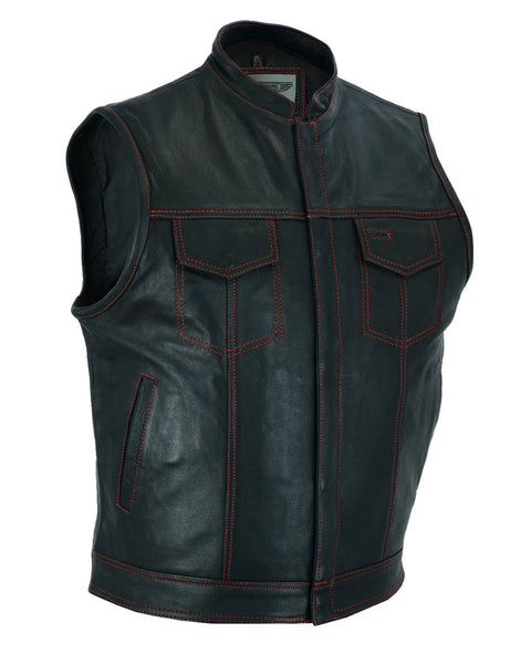 Men's Black Split Leather Motorcycle Vest Red Stitching