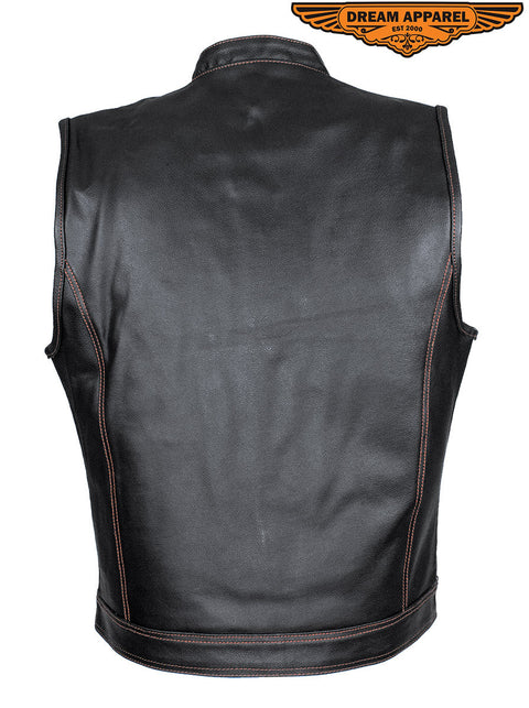 Men's Black Split Leather Motorcycle Vest Red Stitching