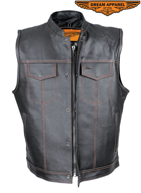 Men's Black Split Leather Motorcycle Vest Red Stitching