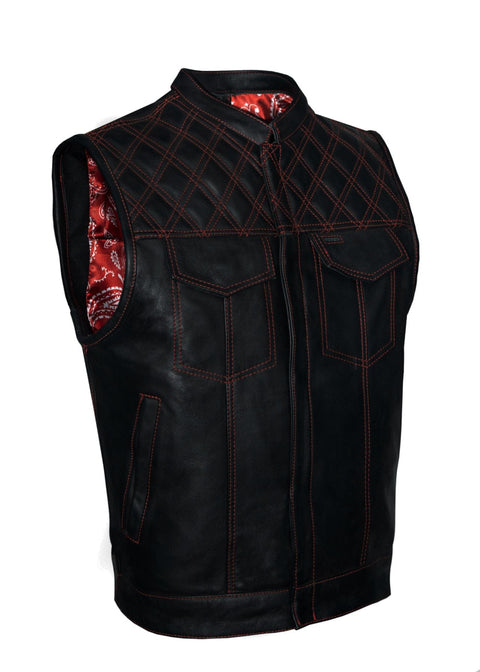 Dream Apparel Men's Leather Club Vest Red Thread, Red Paisley Lining, Zipper Front, Diamond Padding