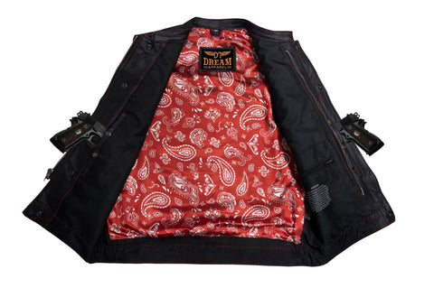 Dream Apparel Men's Leather Club Vest Red Thread, Red Paisley Lining, Zipper Front, Diamond Padding