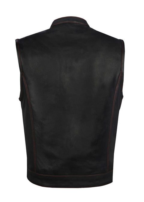 Dream Apparel Men's Leather Club Vest Red Thread, Red Paisley Lining, Zipper Front, Diamond Padding