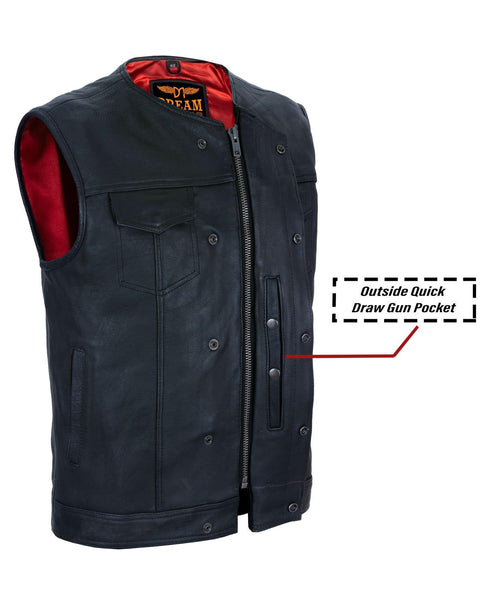 Mens No Collar Leather Motorcycle Club Vest with Red Liner Premium Cowhide Leather