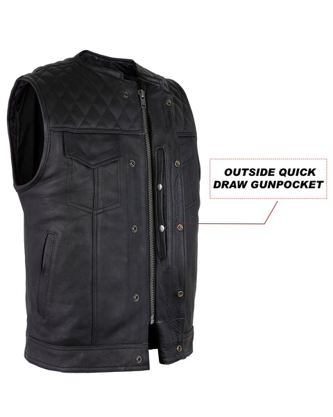 Men's Zippered 1/2" Collar Motorcycle Club Vest with Diamond Padded Shoulder Conceal Carry Pockets